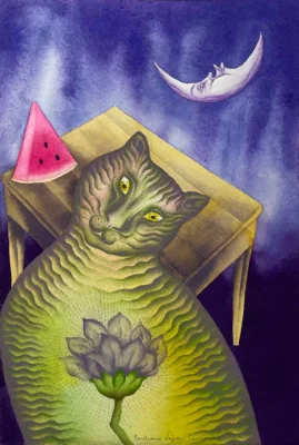 El gato, la luna, la sandía y la flor